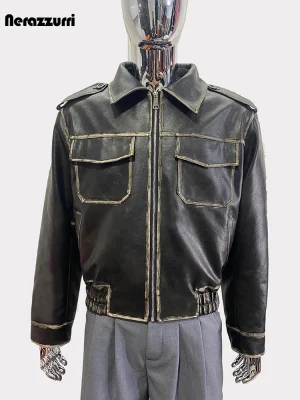Men’s Vintage Distressed PU Leather Jacket – Retro Zipper Streetwear 2024