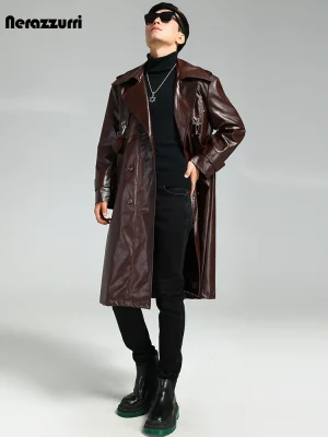 Men’s Oversized Brown PU Leather Trench Coat – Nerazzurri