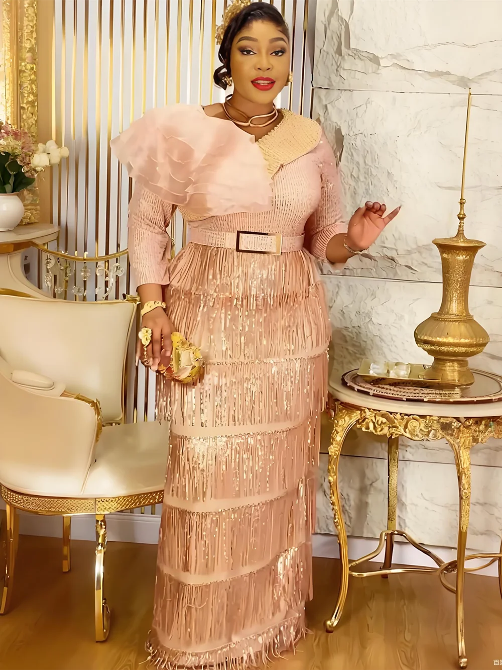 2025 Plus Size Dashiki Tassel Sequin Maxi Dress – Elegant African Wedding Gown - Image 4