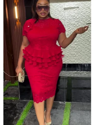 2025 African Lace Midi Dress – Elegant Wedding & Party Gown for Women
