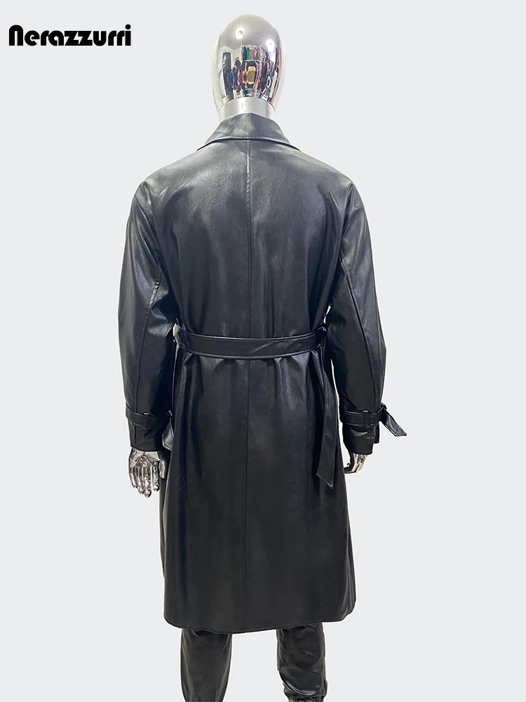 Nerazzurri Waterproof Black PU Leather Trench Coat for Men – Belted, Double‑Breasted (2024) - Image 4