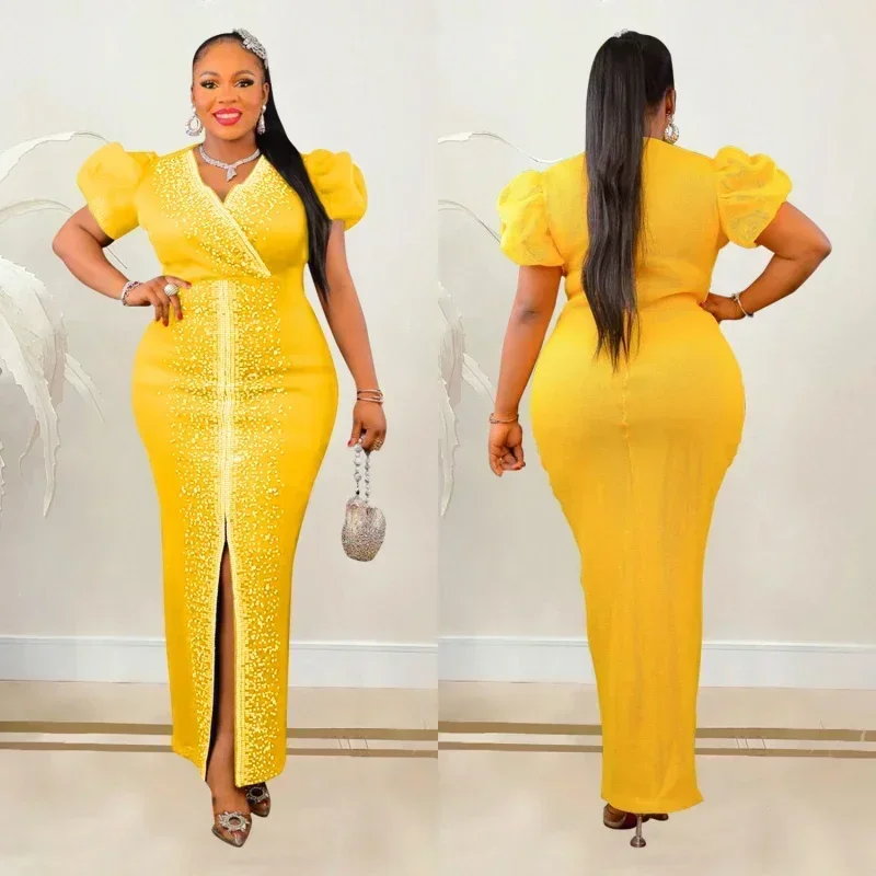 African Fashion Bubble Sleeve Diamond Evening Dress - Image 2