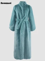Nerazzurri Extra-Long Brown Faux Fur Coat for Women – Winter Warmth, Sizes 5XL-7XL