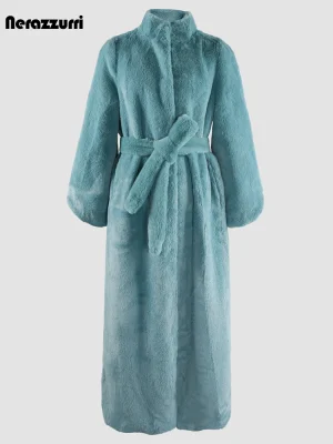 Nerazzurri Extra-Long Brown Faux Fur Coat for Women – Winter Warmth, Sizes 5XL-7XL
