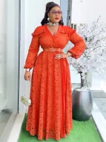 Elegant Long Sleeve Lace Maxi Dress – African Dashiki V-Neck Gown