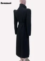 Long Black Wool Blend Coat – Elegant Double‑Breasted Puff Sleeve Women’s Overcoat