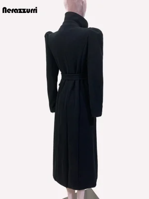 Long Black Wool Blend Coat – Elegant Double‑Breasted Puff Sleeve Women’s Overcoat