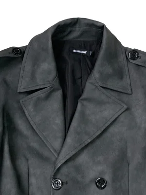 Extra-Long Distressed Faux Leather Trench Coat – Men’s Double-Breasted Luxury