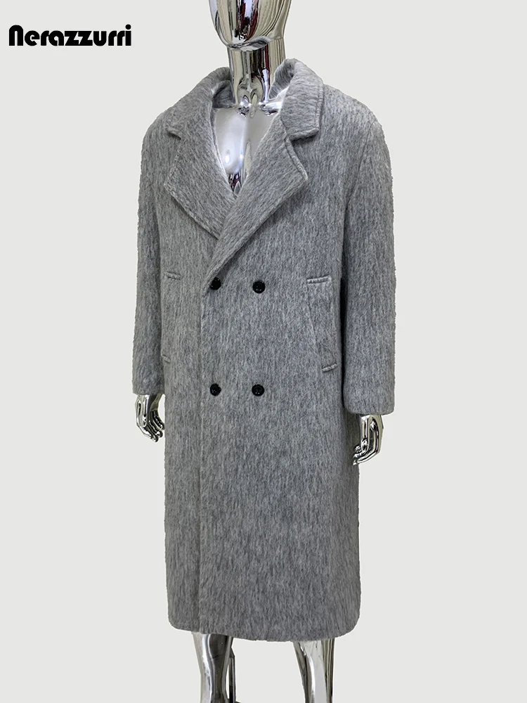 Nerazzurri Thickened Double‑Breasted Gray Woolen Overcoat (Men)