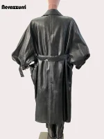 Nerazzurri Oversized Black Waterproof PU Leather Trench Coat (Women, 2024)