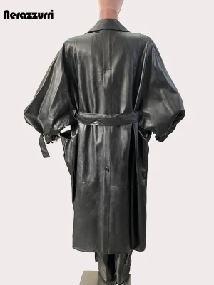 Nerazzurri Oversized Black Waterproof PU Leather Trench Coat (Women, 2024)