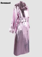Nerazzurri Bright Pink Patent Faux Leather Trench Coat – Women’s Belted Overcoat
