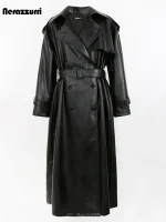 Nerazzurri Oversized Long Black PU‑Leather Trench Coat for Women