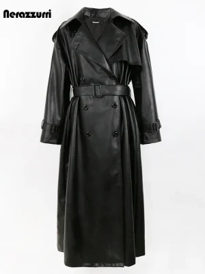 Nerazzurri Oversized Long Black PU‑Leather Trench Coat for Women