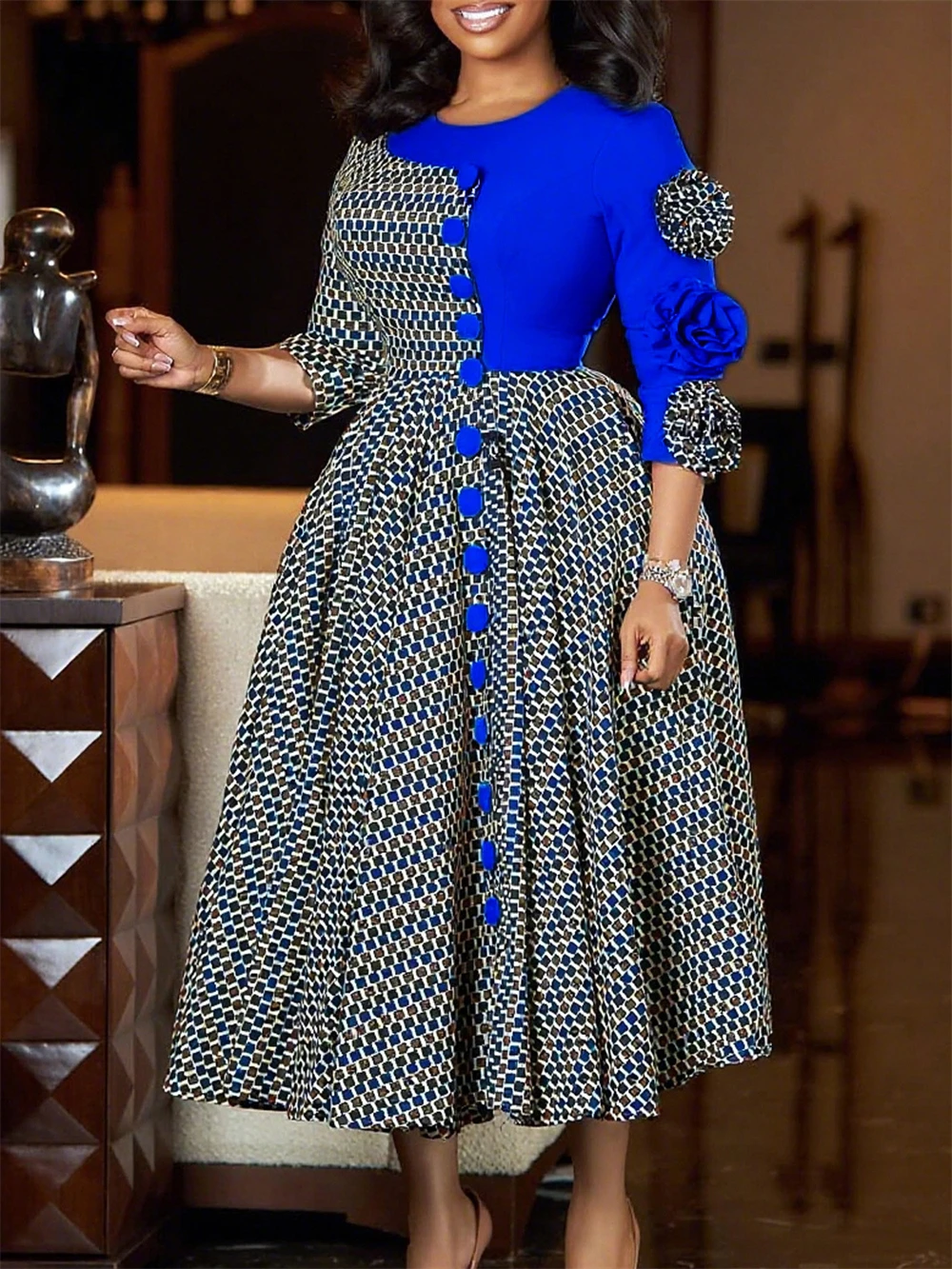 Plaid Print Maxi Dress – Elegant African Dashiki Office & Party Dress for Women - Image 2