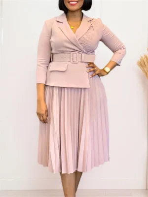 2025 Elegant Pleated V-Neck Maxi Dress – Office & Evening Wear