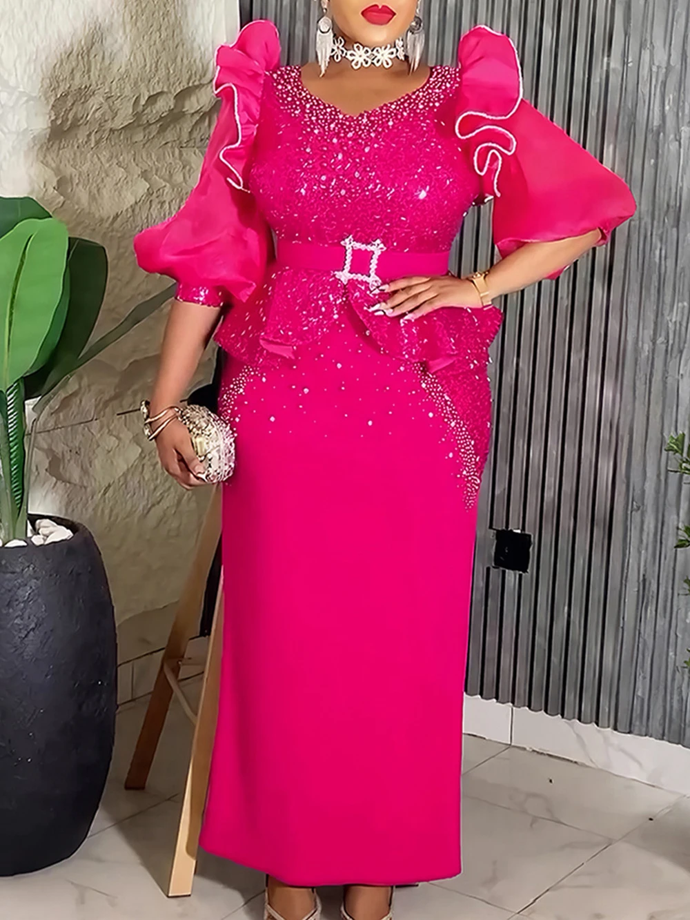 2025 Luxury Sequin Beaded Bodycon Maxi Dress – Puff Sleeve Wedding & Party Gown - Image 2