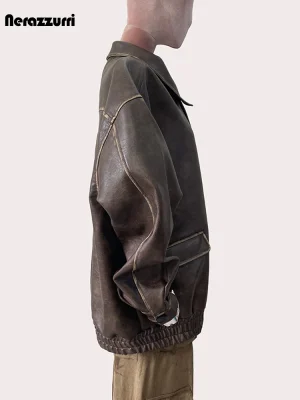 Women’s Oversized Distressed Brown PU Leather Jacket – Vintage Streetwear 2024
