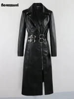 Nerazzurri Black Velvet & PU Leather Patchwork Coat – Women’s Double Belt Trench