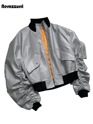 Men’s Grey Faux Leather Bomber Jacket with Stacked Sleeves