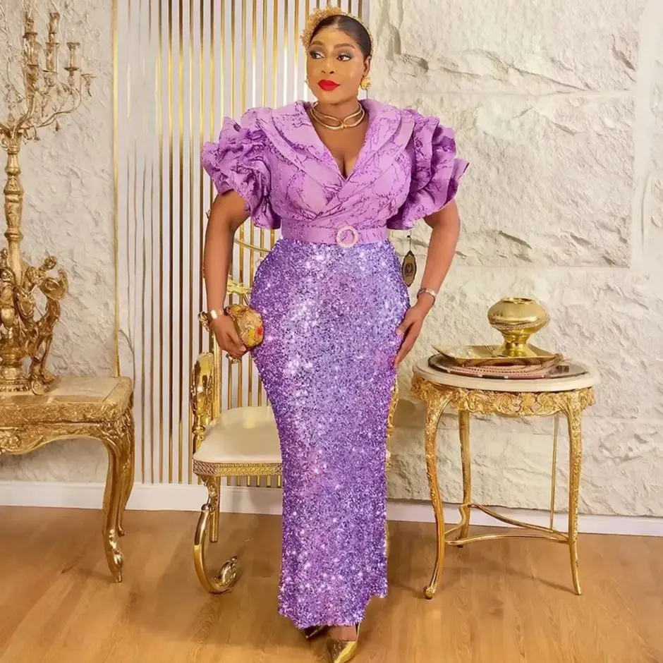 Plus Size African Luxury Sequin Evening Gown – Elegant Ankara Wedding Dress