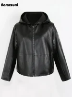 Women’s Black PU Leather Hooded Jacket – Nerazzurri