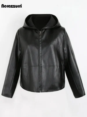 Women’s Black PU Leather Hooded Jacket – Nerazzurri