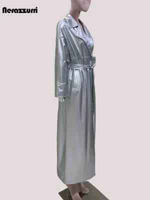 Nerazzurri Silver Faux‑Leather Extra‑Long Trench Coat