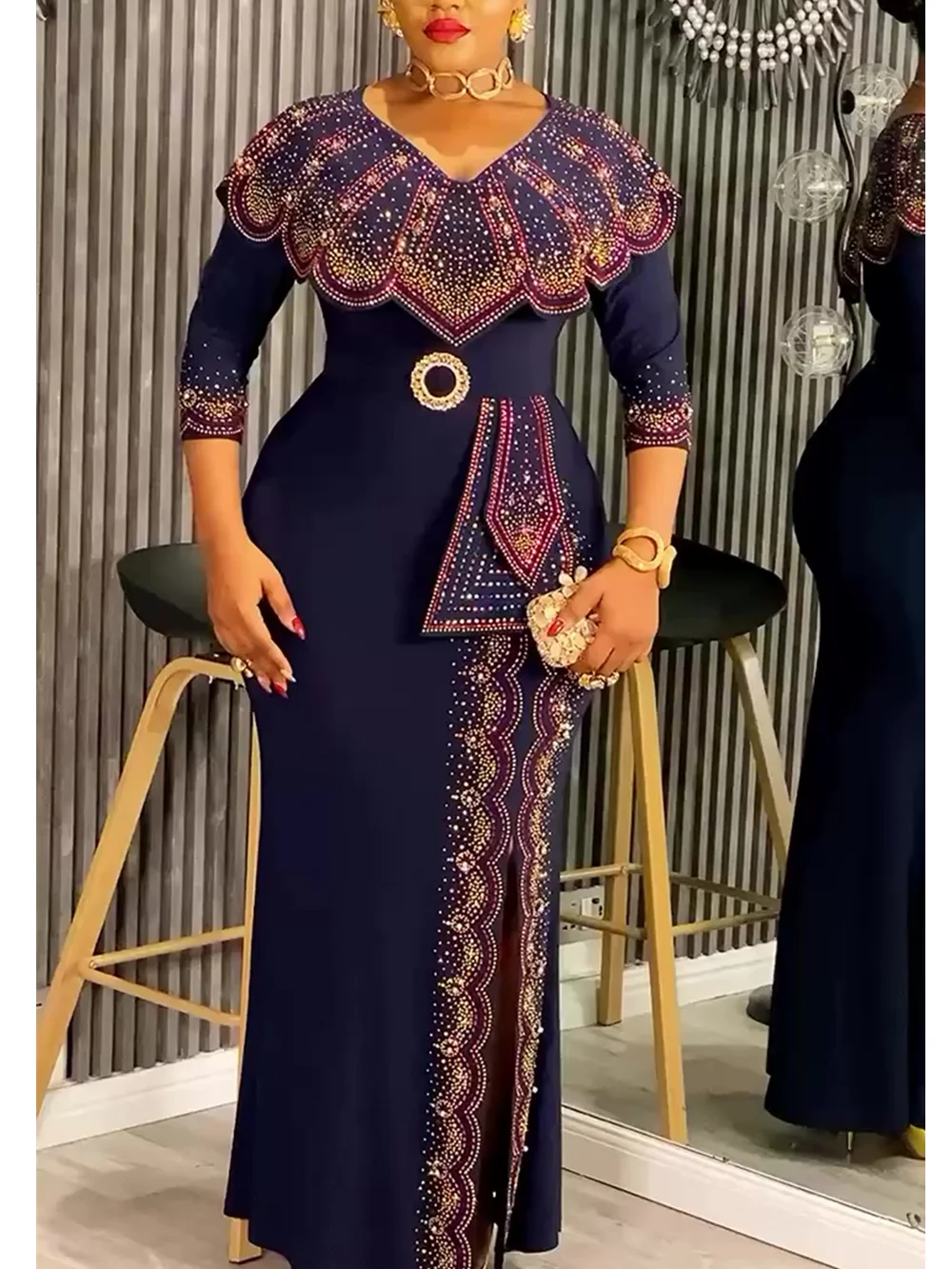 Plus Size African Dashiki Diamond Bodycon Slit Dress – Elegant Evening Gown - Image 3