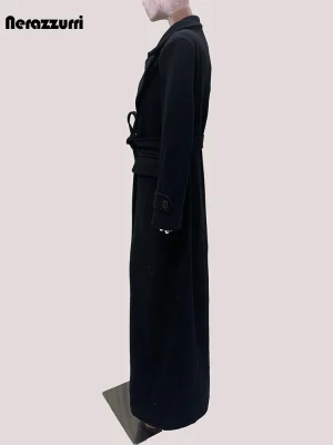 Mauroica Extra Long Black Wool Blend Coat – Women’s Belted Casual Overcoat
