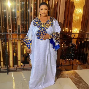 African Dashiki Embroidered Bazin Gown – White Ankara Wedding Dress