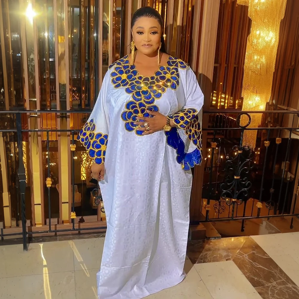 African Dashiki Embroidered Bazin Gown – White Ankara Wedding Dress