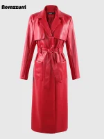 Women's Red PU Leather Trench Coat – Elegant Long Belted Overcoat