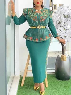 Plus Size 2PCS African Kaftan Set – Long Sleeve Top & Skirt