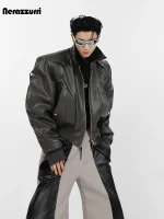 Nerazzurri Men’s Oversized Black PU Leather Bomber Jacket with Shoulder Pads
