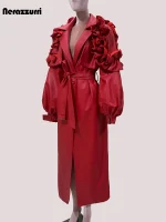 Mauroicardi Extra Long Red PU Leather Coat – Women’s Ruffled Lantern Sleeve
