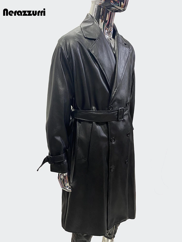 Nerazzurri Waterproof Black PU Leather Trench Coat for Men – Belted, Double‑Breasted (2024) - Image 2