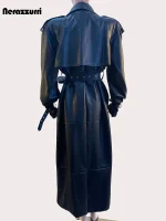 Nerazzurri Black Extra Long Waterproof Faux Leather Trench Coat (Women)