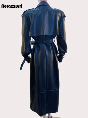 Nerazzurri Black Extra Long Waterproof Faux Leather Trench Coat (Women)