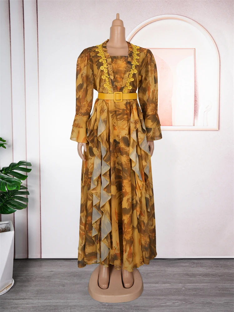 Elegant Ruffle Sleeve Chiffon Dress – African Floral Wedding Gown 2025 - Image 4