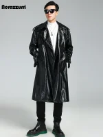 Nerazzurri Black Crocodile PU Leather Trench Coat – Men’s Luxury