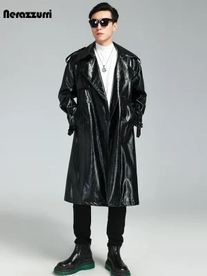 Nerazzurri Black Crocodile PU Leather Trench Coat – Men’s Luxury