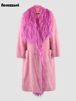 Nerazzurri Women’s Long Pink Faux Fur Coat – Double Breasted, Warm & Luxurious