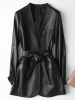 Nerazzurri Women's Black Faux Leather Jacket – Deep V-Neck, Belted, 6XL–7XL, Korean Fashion