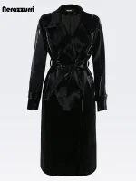 Long Black Glitter Patent Faux Leather Trench Coat – Double-Breasted Women’s Coat