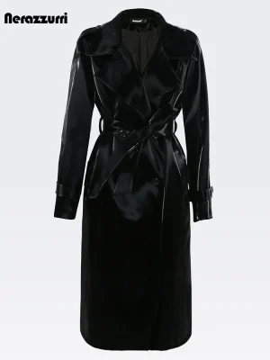 Long Black Glitter Patent Faux Leather Trench Coat – Double-Breasted Women’s Coat