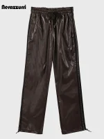 Soft Black PU Leather Straight‑Leg Sports Pants – High‑Waist Casual Loose Women’s Trousers
