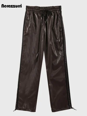 Soft Black PU Leather Straight‑Leg Sports Pants – High‑Waist Casual Loose Women’s Trousers