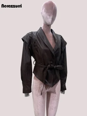 Retro Brown Asymmetrical PU Leather Jacket – High Waist Luxe Blazer
