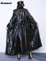 Nerazzurri Women’s Extra Long Black Holographic PVC Leather Trench Coat